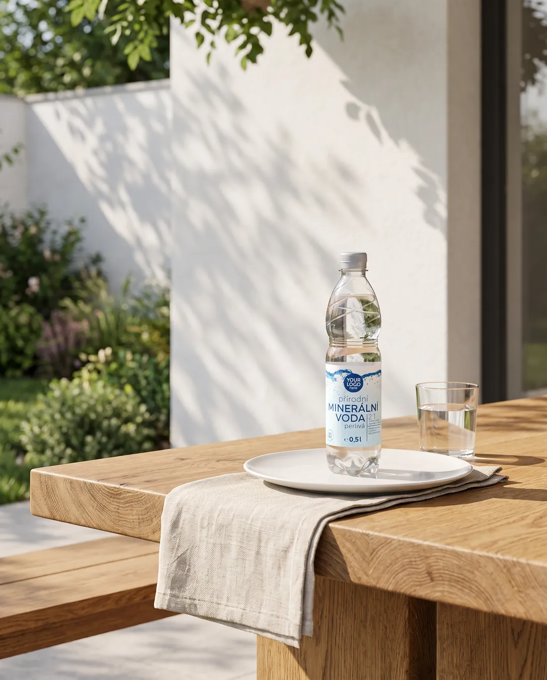 Private-label mineral water on a solid wood terrace table