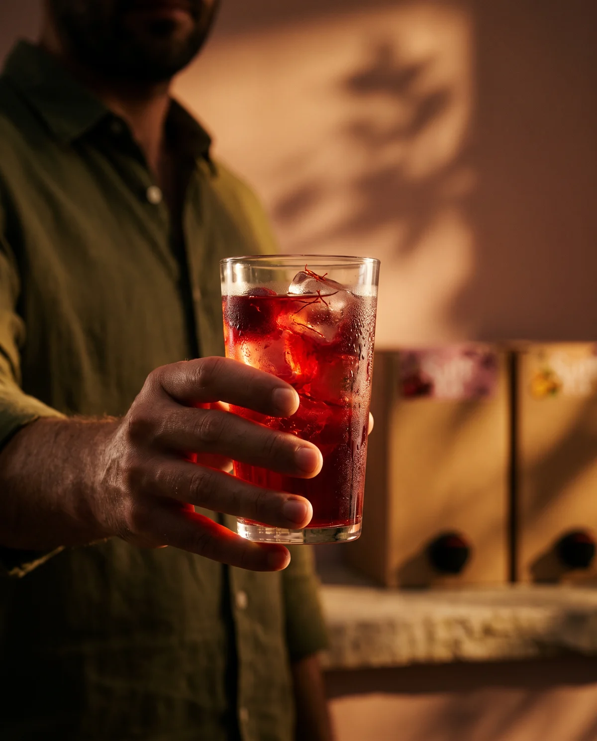 Eine Hand hält ein Glas Šaffra-Sauerkirschlimonade mit Eis, dahinter Šaffra-Bag-in-Boxen
