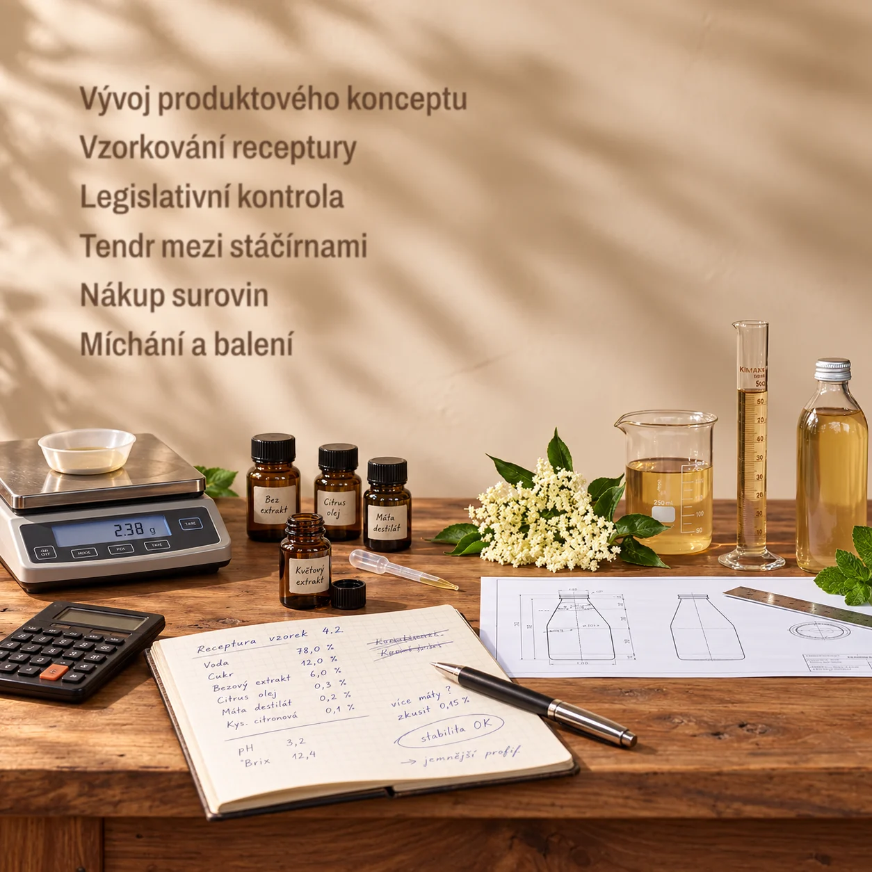 Vývojová laboratoř: váha, extrakty, receptura v sešitu a výkres lahve. Na zdi: Vývoj produktového konceptu, Vzorkování receptury, Legislativní kontrola, Tendr mezi stáčírnami, Nákup surovin, Míchání a balení