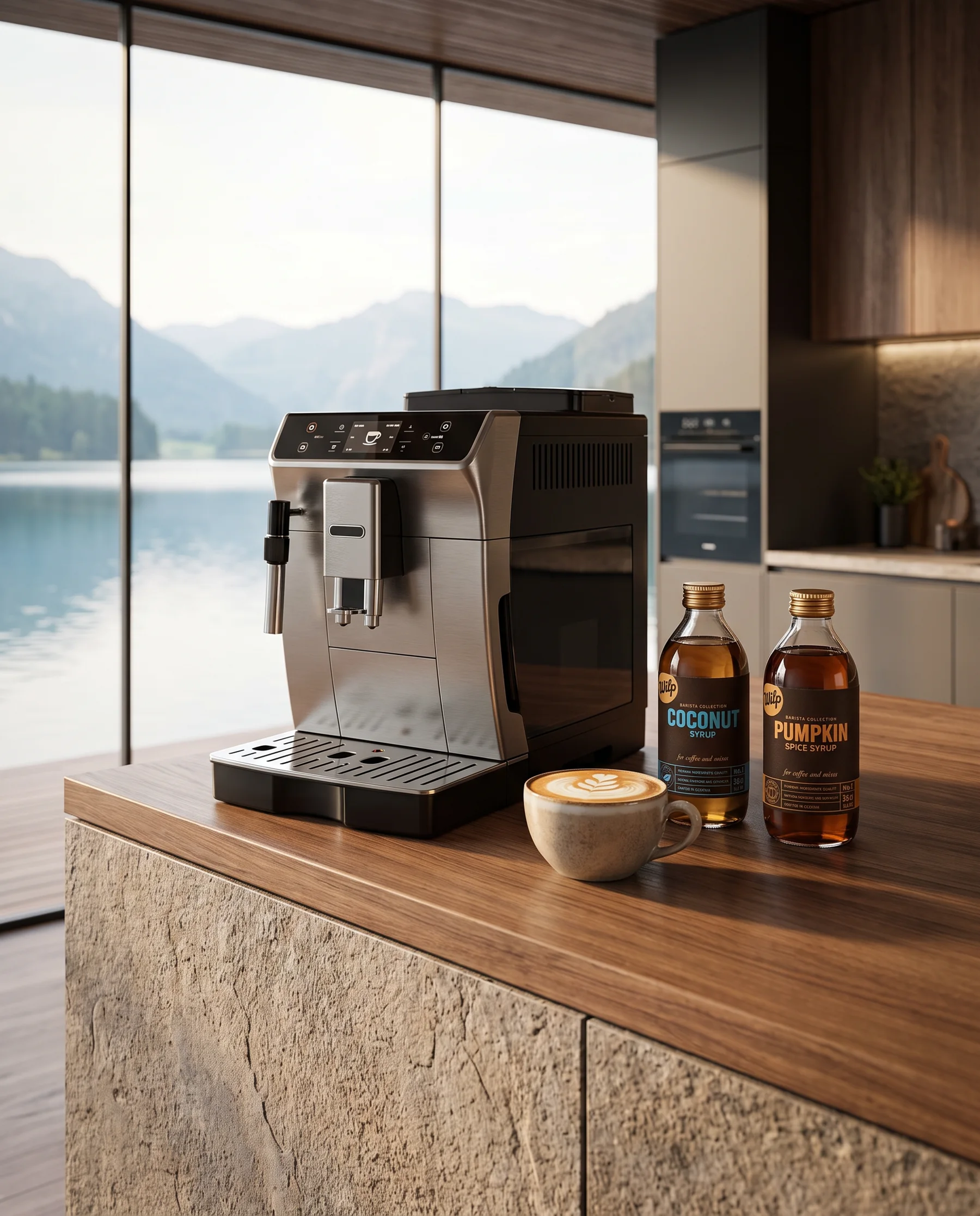 WILP Coconut und Pumpkin Spice neben dem Kaffeevollautomaten in einer Küche mit Seeblick