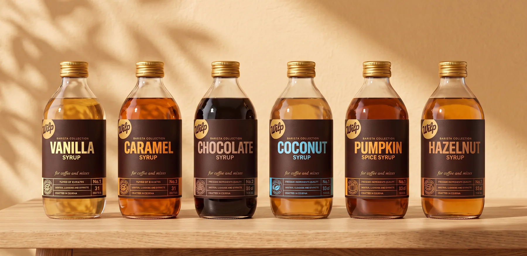 Sechs Sorten der WILP Barista Collection: Vanilla, Caramel, Chocolate, Coconut, Pumpkin Spice, Hazelnut